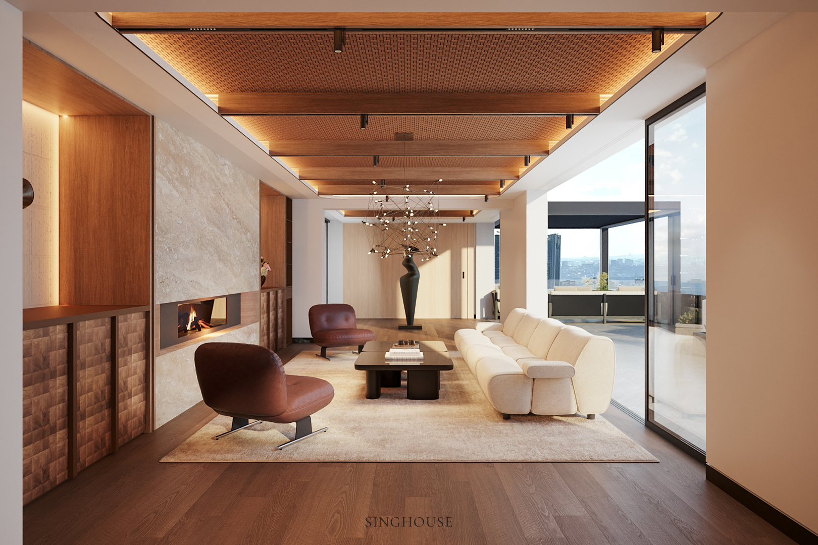 Không gian phòng khách rộng thoáng với sofa hiện đại, trần gỗ ấm áp kết hợp tác phẩm điêu khắc nghệ thuật trong thiết kế căn hộ theo phong cách Scandinavian Đà Nẵng.