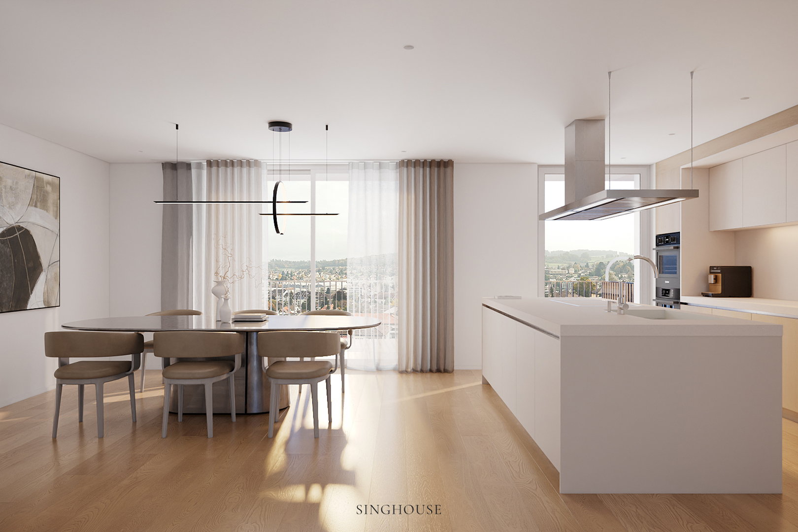 Với thiết kế căn hộ Scandinavian Đà Nẵng, bảng màu trắng kem, nâu và gỗ sáng được phối hợp qua hệ tủ bếp, bàn ăn và sàn nhà, tạo nên sự đa dạng về sắc độ mà không cần đến những gam màu tương phản mạnh.