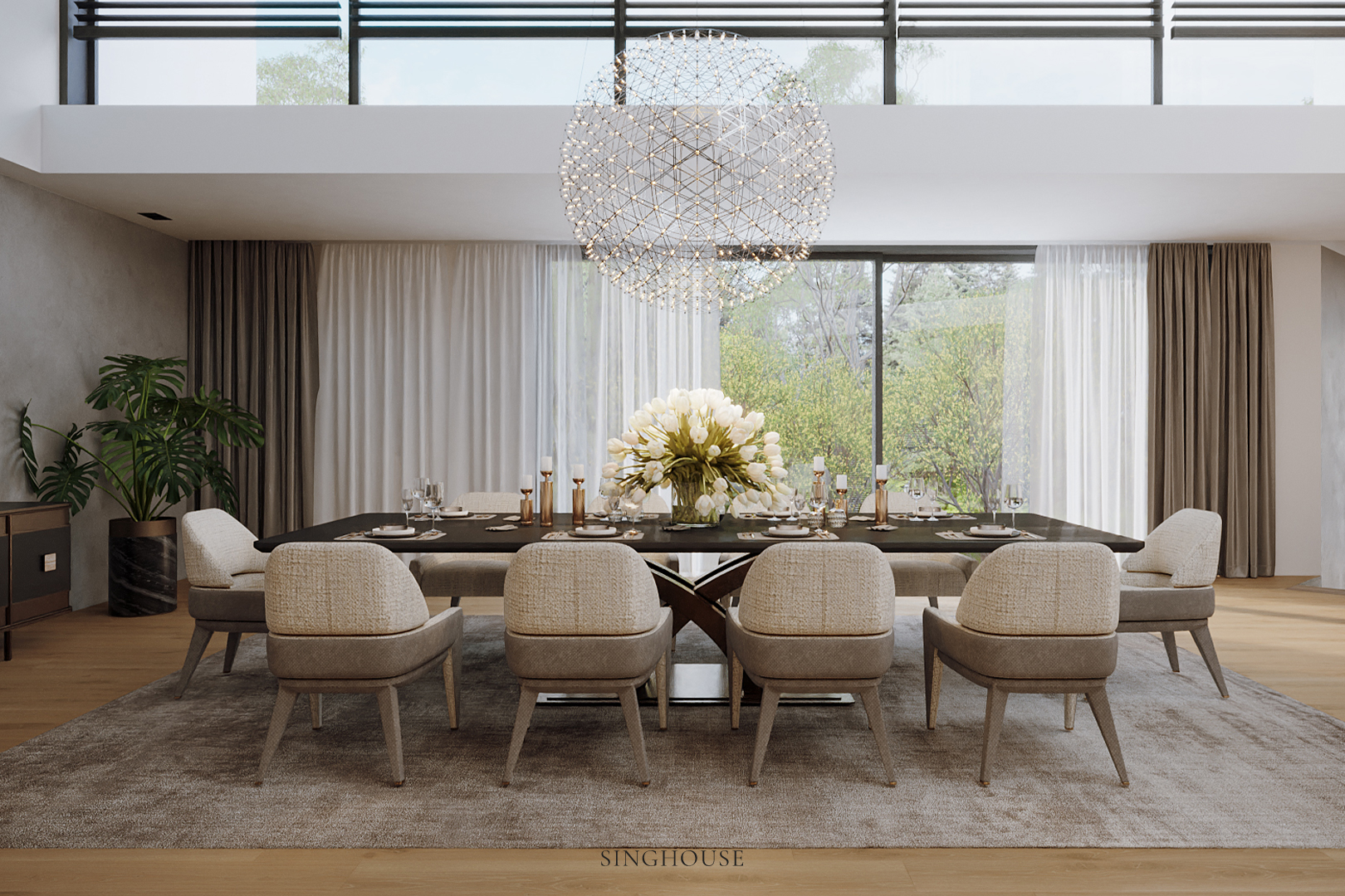 Dịch vụ thiết kế căn hộ Scandinavian ở Đà Nẵng sử dụng thảm dệt để kết nối bàn ăn, ghế và sàn gỗ trong cùng một bố cục.