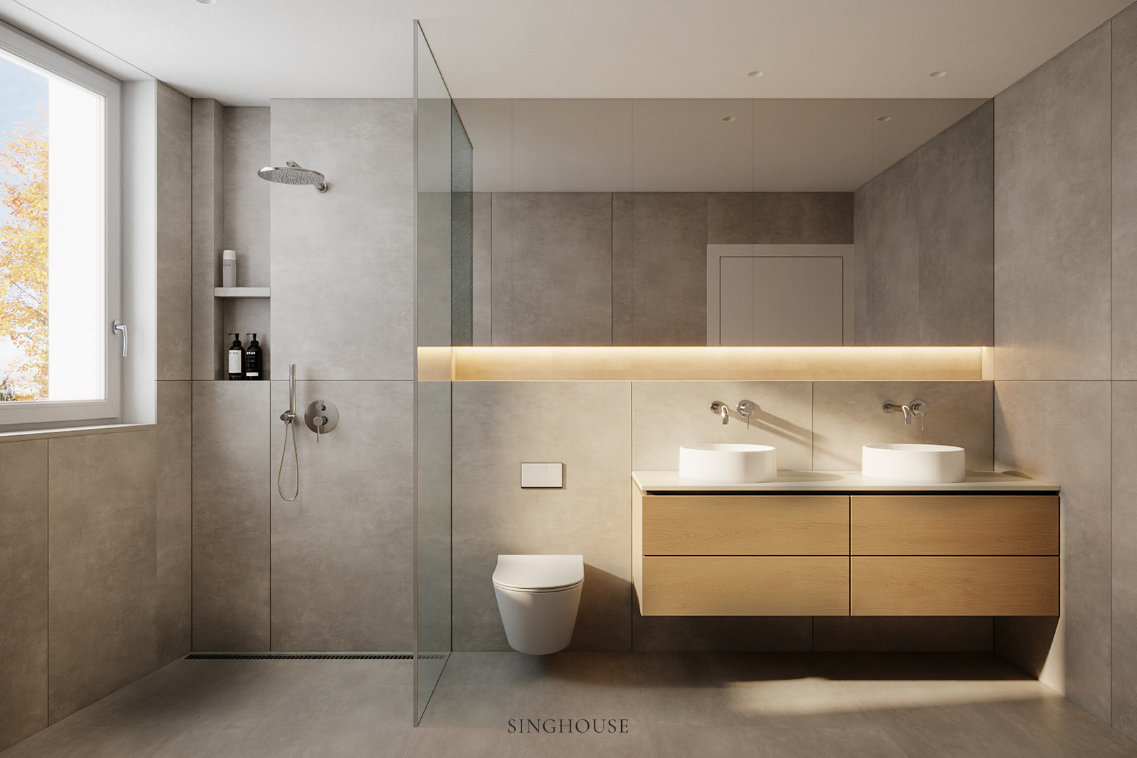 Sự kết hợp giữa đá xám và gỗ sáng tạo nên nét riêng cho thiết kế căn hộ Scandinavian Đà Nẵng.
