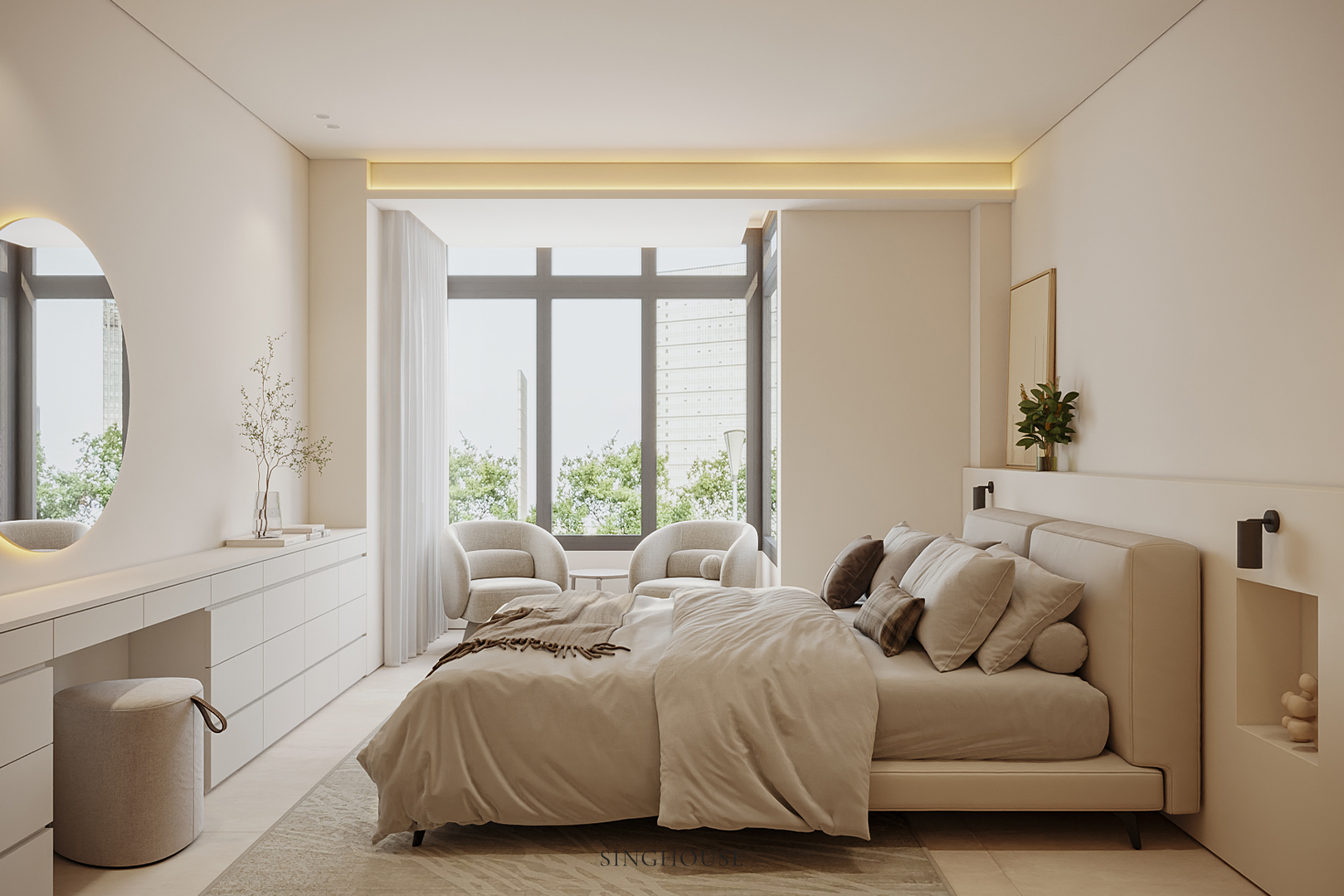 Phòng ngủ được thiết kế tối giản, để ánh sáng tự nhiên cùng những chi tiết bóng nhẹ tạo nên chiều sâu cho tổng thể căn hộ phong cách Scandinavian Đà Nẵng.