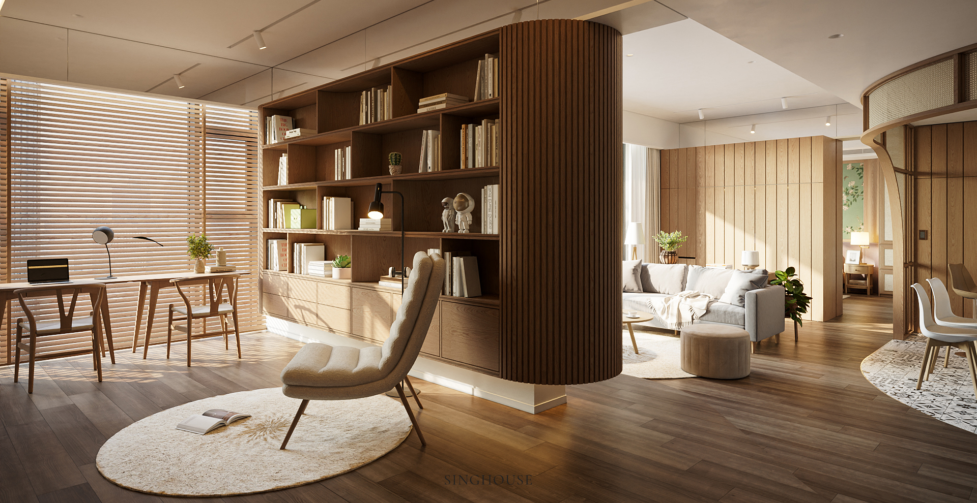 Chất liệu vải mềm và phom ghế ôm lưng mang đến cảm giác êm ái cho góc đọc trong thiết kế căn hộ Scandinavian cao cấp.