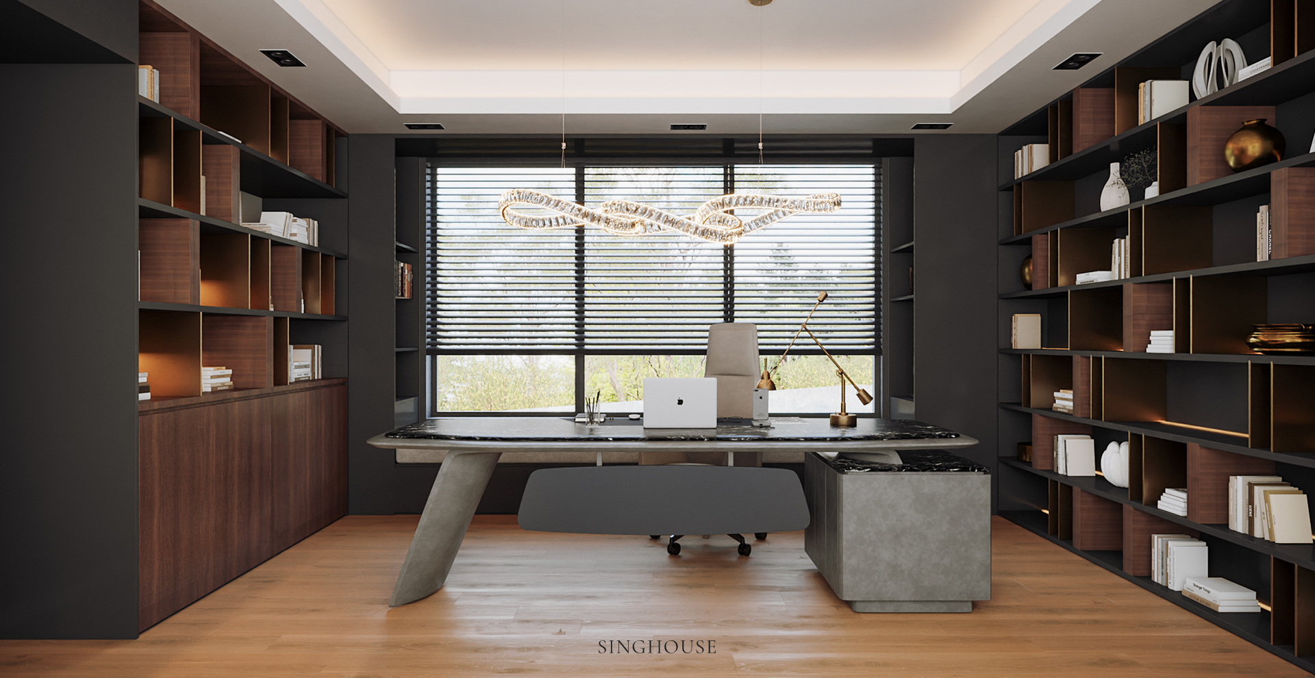 Bàn làm việc tích hợp máy tính và thiết bị điện tử gọn gàng trong thiết kế căn hộ Scandinavian tại Đà Nẵng.
