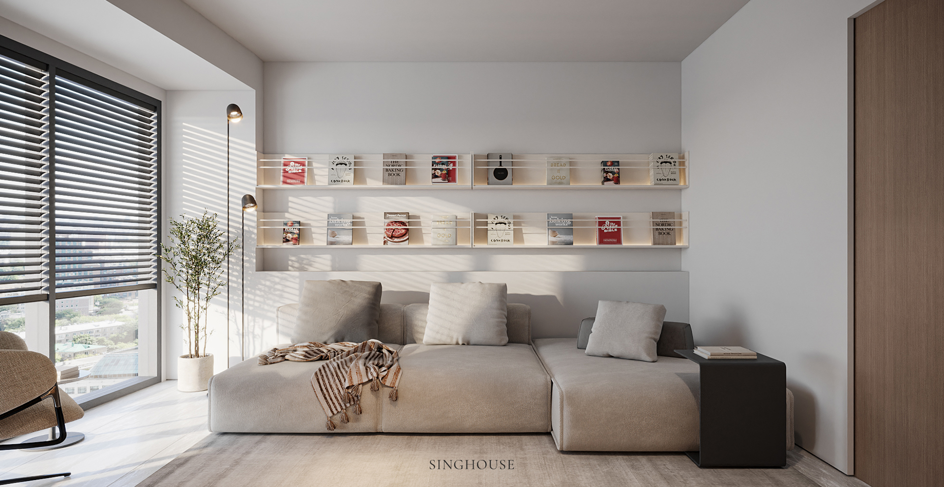 Sự kết hợp giữa sofa thấp, thảm trải sàn và kệ treo tường gọn gàng là một trong những cách thiết kế căn hộ cao cấp theo phong cách Scandinavian giúp không gian vừa ấm cúng vừa duy trì sự kết nối với cảnh quan bên ngoài.