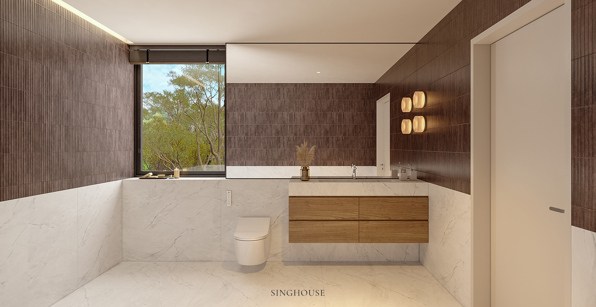 Dịch vụ thiết kế căn hộ Scandinavian ở Đà Nẵng sử dụng đá sáng cho khu vực lavabo và gỗ cho hệ tủ, phân định công năng bằng sự khác biệt về vật liệu.