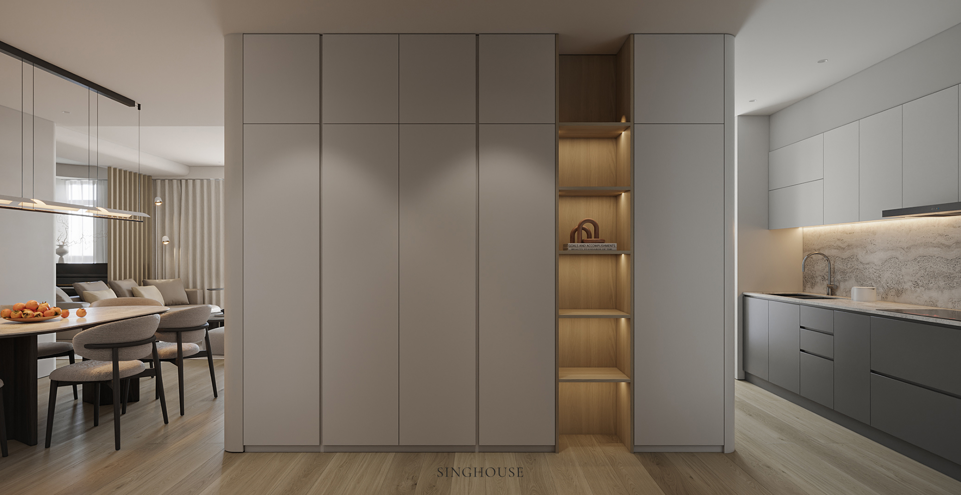 Trong thiết kế nội thất Scandinavian Đà Nẵng, ánh sáng gián tiếp tạo lớp chuyển tiếp giữa bếp và bàn ăn, giúp hai khu vực kết nối mà không cần đến một vách ngăn kín.