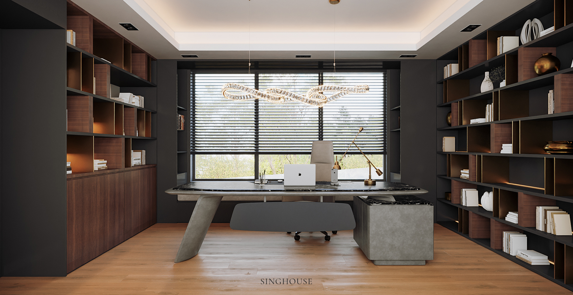 Thiết kế căn hộ Scandinavian tại Đà Nẵng dành riêng một không gian làm việc với bàn lớn ở trung tâm, hệ tủ sách hai bên và cửa sổ phía trước, đáp ứng đồng thời nhu cầu tập trung và lưu trữ.
