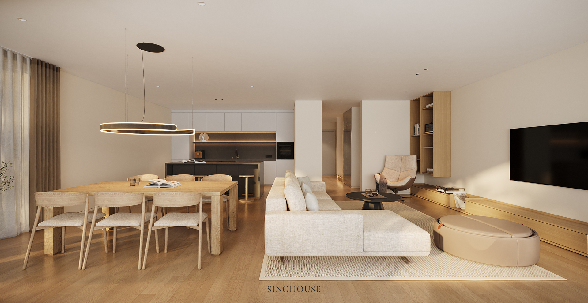 Thiết kế căn hộ cao cấp Scandinavian Đà Nẵng sử dụng đảo bếp và bàn ăn để phân định các khu vực chức năng, thay cho vách ngăn cố định, nhờ đó giữ được tầm nhìn xuyên suốt căn hộ.