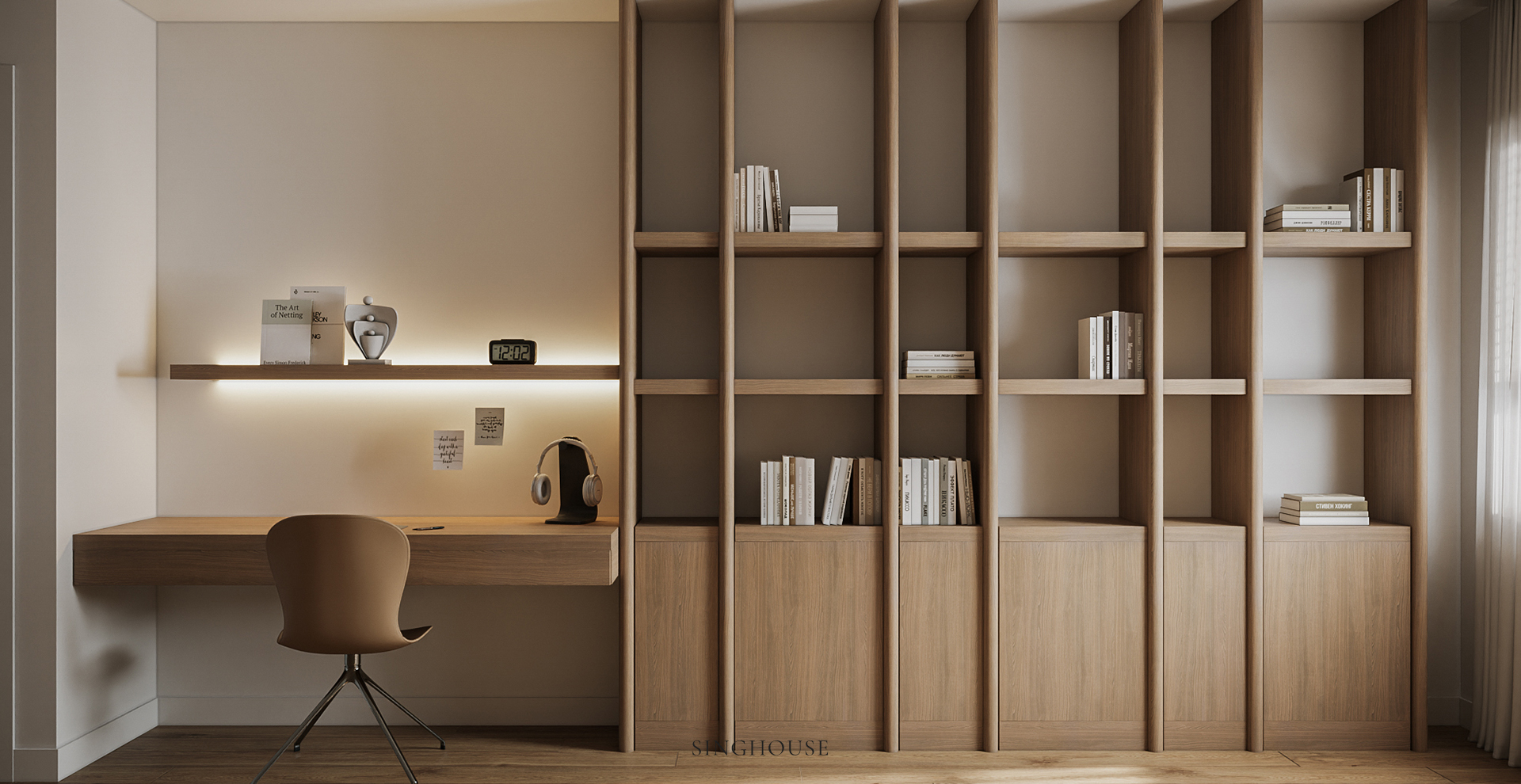 Thay vì lấp đầy toàn bộ bức tường, thiết kế căn hộ cao cấp Scandinavian 2026 giữ lại một khoảng trống vừa đủ cho góc làm việc, tạo nên sự cân bằng giữa lưu trữ và không gian sử dụng.