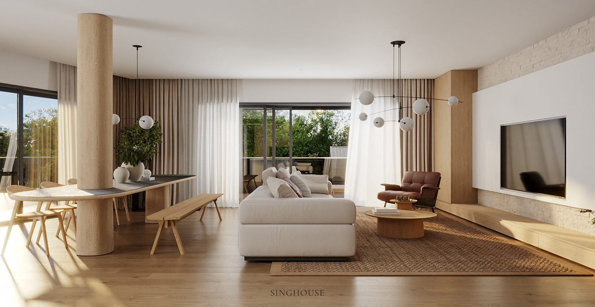 Từ bàn ăn đến phòng khách và ban công, dịch vụ thiết kế nội thất căn hộ Scandinavian Đà Nẵng tạo nên một mạch không gian liền nhau mà không cần những ranh giới.