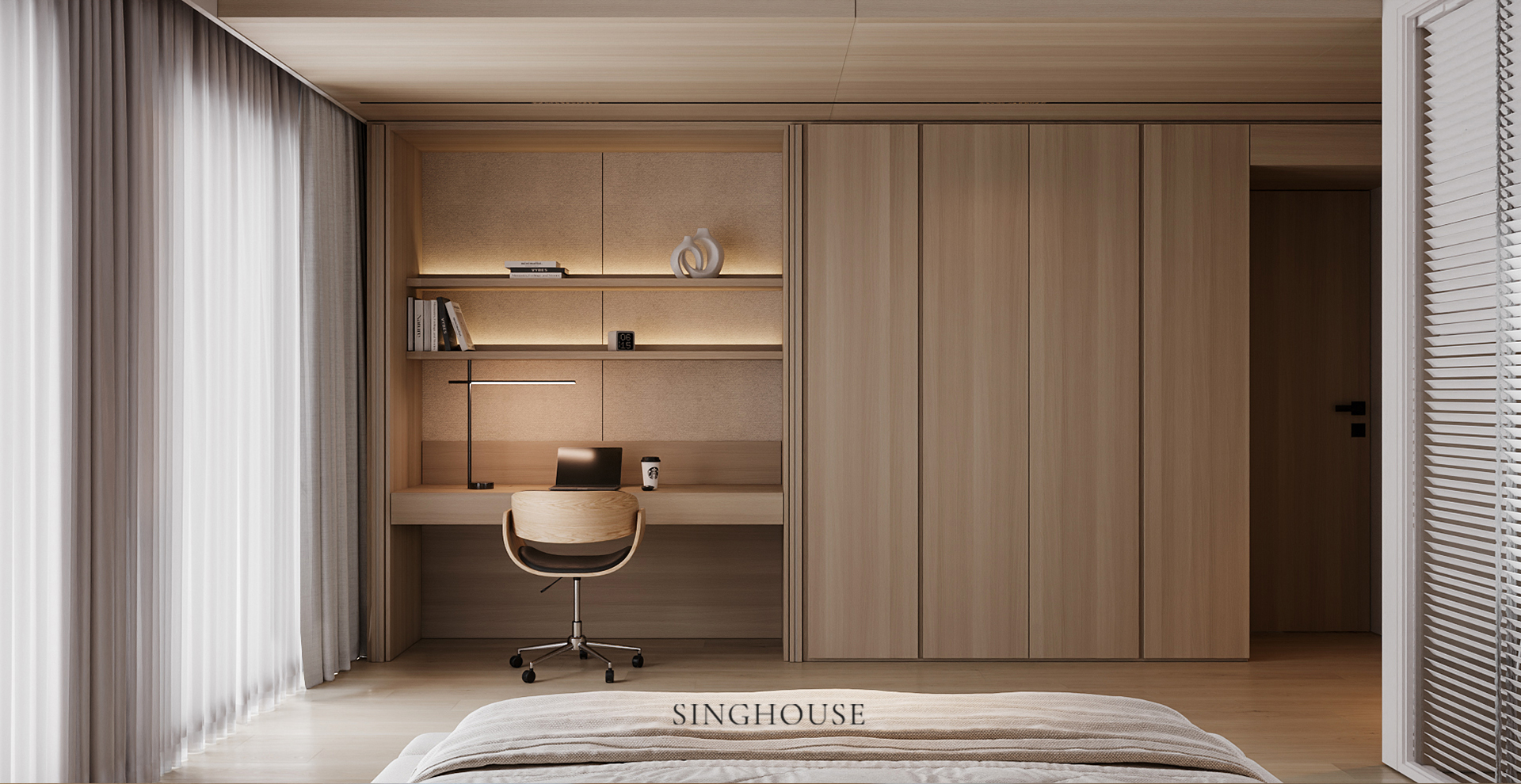 Góc làm việc được tích hợp gọn gàng trong dịch vụ thiết kế căn hộ Scandinavian tại Đà Nẵng, đảm bảo mỗi nhu cầu riêng đều có một khoảng không phù hợp.